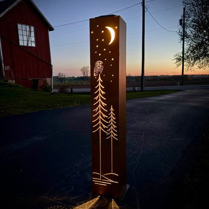 Simple Pines Owl Solar Pillar - Steel - Corten Available