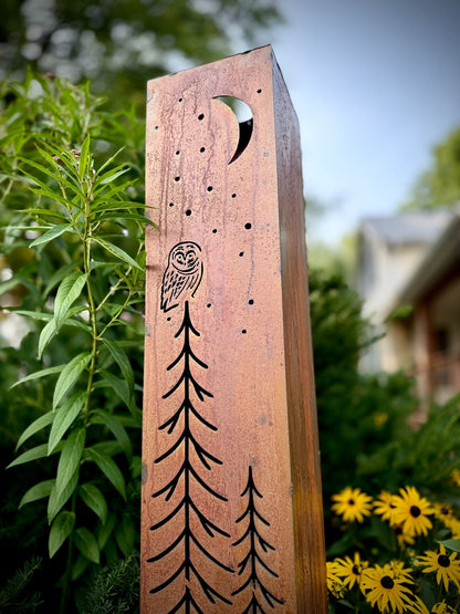 Simple Pines Owl Solar Pillar - Steel - Corten Available