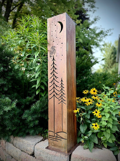 Simple Pines Owl Solar Pillar - Steel - Corten Available